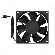 Black cooling fan with USB cable on a white background