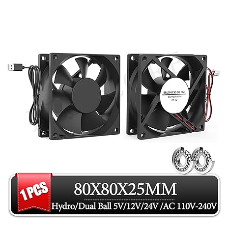 Two 80mm fans with USB cable and bearings on a white background