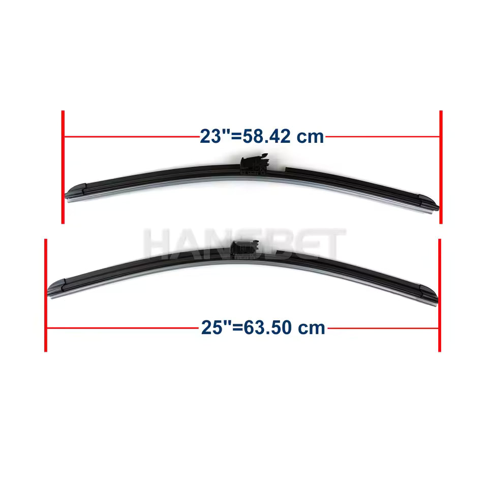 Two car wiper blades with measurements on a white background