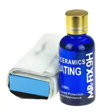 Blue bottle of ceramic coating with a white applicator on a white background