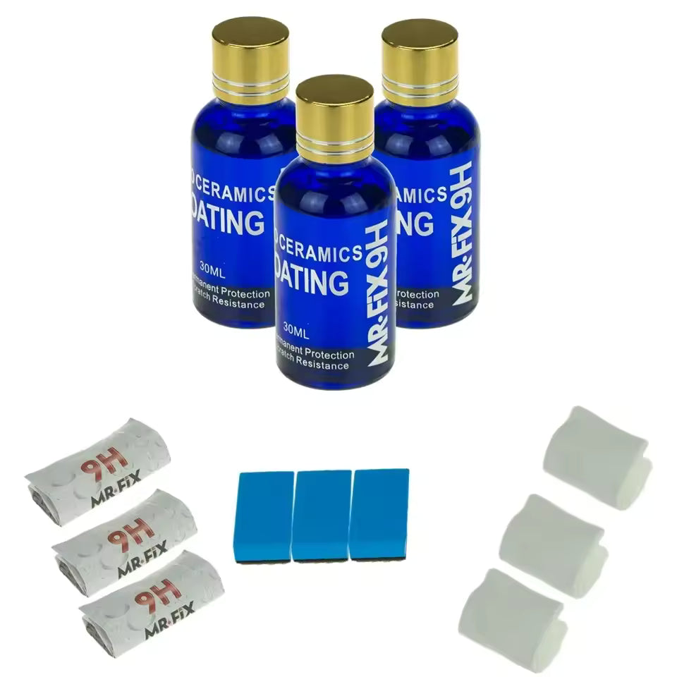 Set of blue bottles labeled 'Ceramic Coating' with accessories on a white background