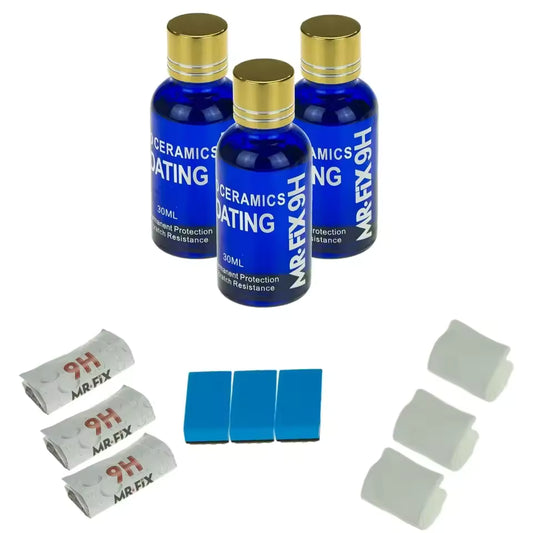 Set of blue bottles labeled 'Ceramic Coating' with accessories on a white background