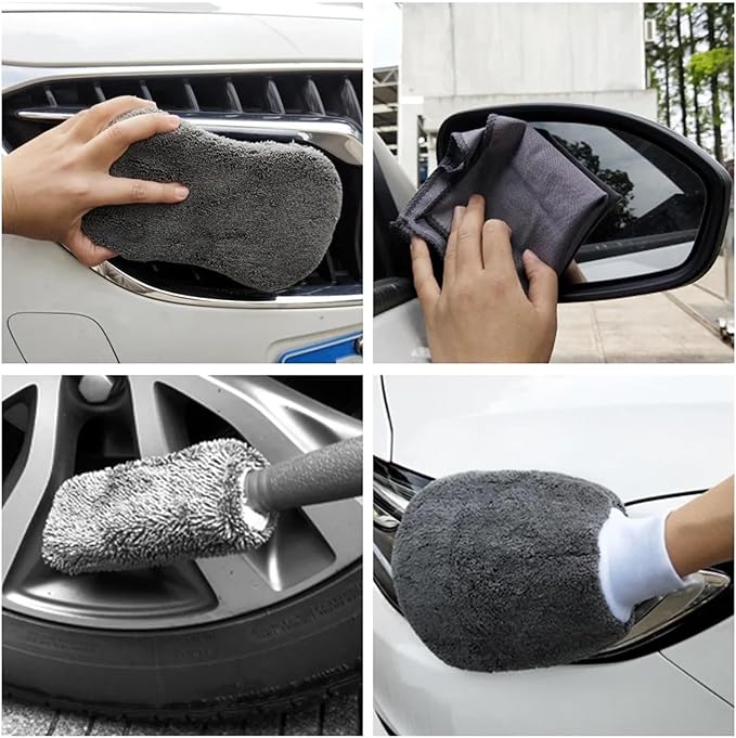 Car cleaning process using a microfiber cloth and mitt on various car parts.