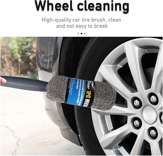 Car tire brush cleaning a car wheel with text 'Wheel cleaning' and 'High-quality car tire brush, clean and not easy to break'.