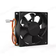 Black square fan with orange and white wiring on a white background